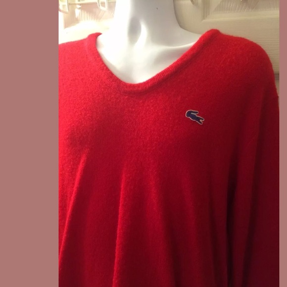 Vintage LACOSTE Red Izod VNeck Sweater Knit Gold Preppy Pullover Holiday Work - Picture 2 of 8